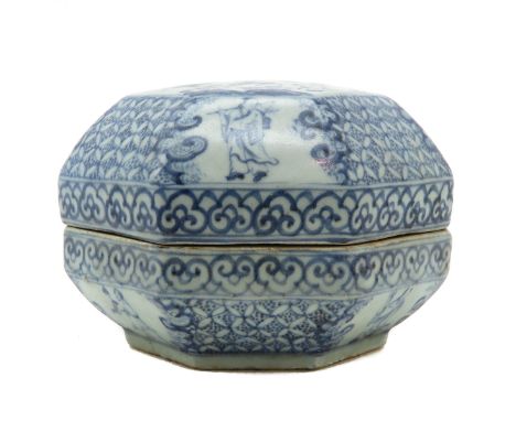 Blue and white decor of men playing games in garden, 18 x 14 X 18 cm., hairline. 