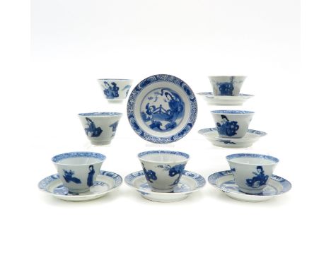 Including 6 saucers and 7 cups, blue and white decor, saucers are 10 cm. in diameter, in diverse conditions.