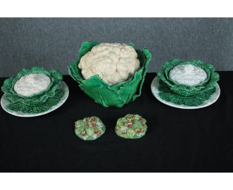Majolica ceramic, cauliflowers and strawberries. Late 19th century or maybe early 20th century.  H.21 Dia. 23cm. (largest) 