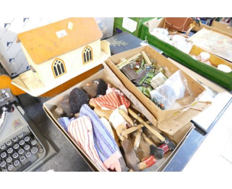 Wooden ark toy with animals, vintage metal Britain's garden and figures and box of vintage wooden puppets 