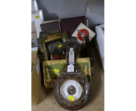 Barometer and box containing vintage pictures, boxes, bag and Maryport memorabilia  