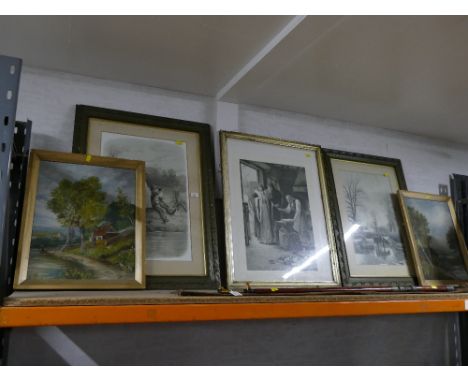 Five vintage pictures and prints, largest 84 cm x 64 cm 