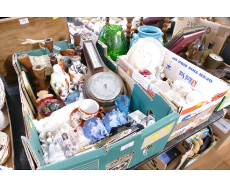 Two boxes of ornaments, fans, oriental style figurines, barometer, part tea sets, vase and green glass goblet