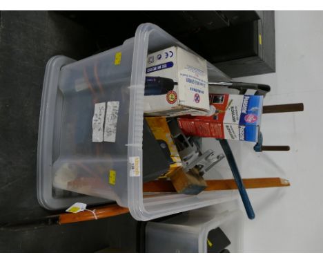 Box of tools including Marksman heavy duty angle grinder, Parasene blow lamp, bench vices, saws etc