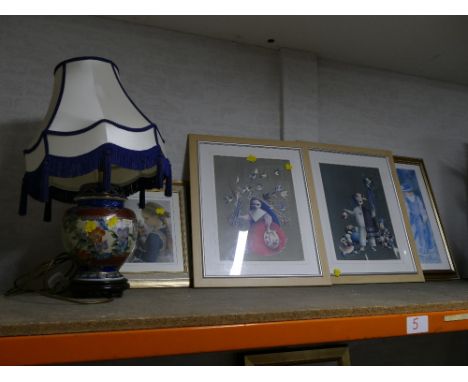 Bulbous ceramic lamp base with shade and four pictures and prints 