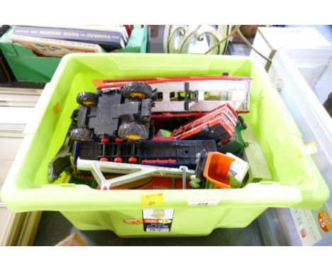 Box of vintage diecast and plastic vehicles, tractors and lorries etc