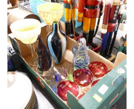 Box of glassware, oversized goblets, Art Glass vases, coloured shot glasses, ruby red etched glassware etc 