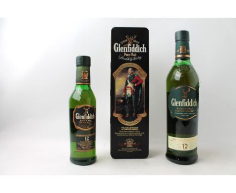 Bottle of Glenfiddich Clan Sinclair 750 ml Scotch Whisky in collectors tin, bottle of 12 Year Old Glenfiddich Single Malt Sco