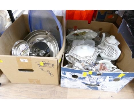 Two boxes of light fittings, glassware and Adams china 
