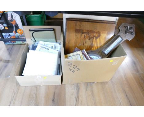 Two boxes of pictures, prints, marquetry pictures, barometer and filing cabinet accessories  