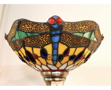 Floor standing lamp with Tiffany style shade decorated with dragon flies, 165 cm tall