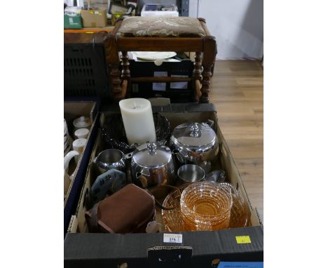 Box of coloured glass dessert dishes, fruit bowl, stainless steel four piece tea set, slate clock and Box Brownie camera and 