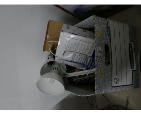 Box of Ikea desk top lamps, BT telephone, tankards, brass door knocker etc