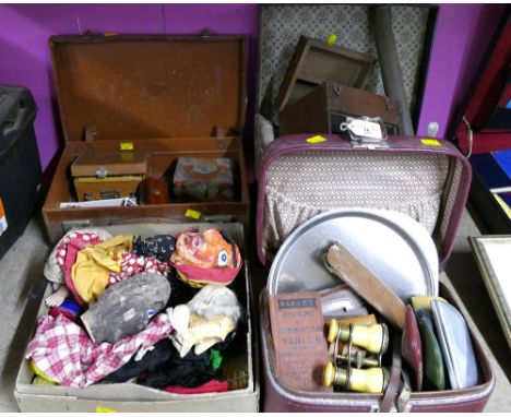 Four vintage suitcases and boxes containing puppets, spectacles, opera glasses, cutlery etc