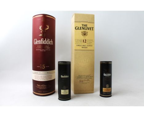 Boxed 70 cl bottle of Glenfiddich 15 Year Old Single Malt Whisky, boxed bottle of Glenlivet 12 Year Old Single Malt Scotch Wh