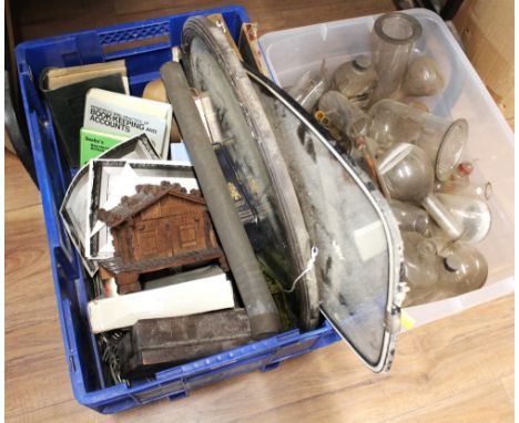 Two boxes of vintage glass chemist bottles, mirrors, wooden boxes, books, photographs etc