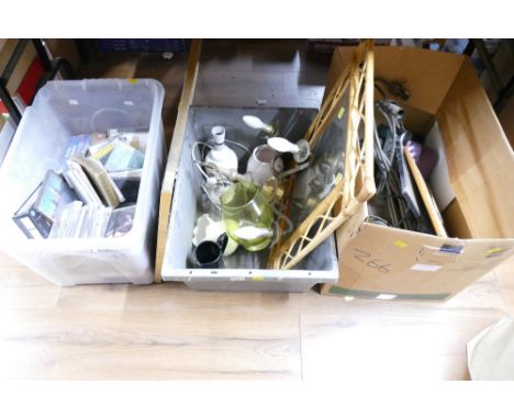 Three boxes of light fittings, pictures, glassware, mirrors, CD's, etc 