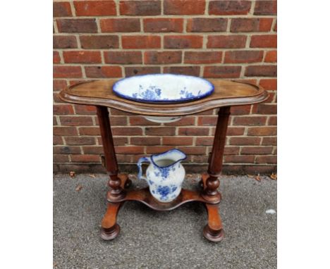 A Victorian mahogany washstand, with blue &amp; white pottery jug and basin, 88cm wide. 