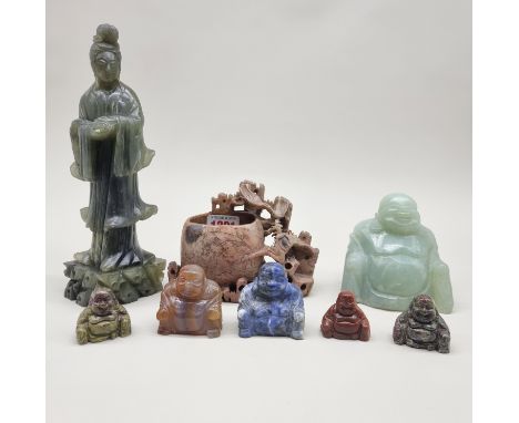 A group of Chinese hardstone, jade and soapstone, largest 23.5cm high. (8) 