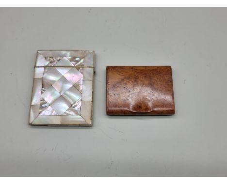 A small 19th century burr wood box, 8.5cm wide, together with a Victorian mother of pearl card case. (2) 