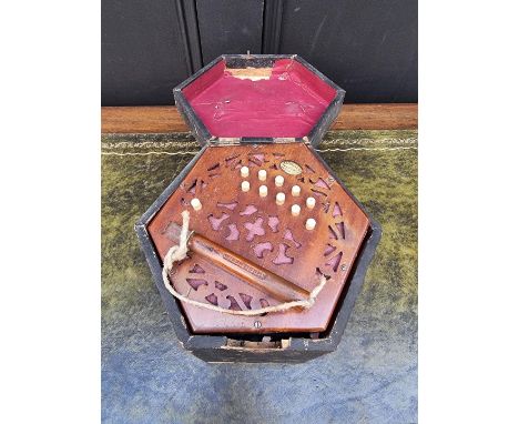An antique hexagonal concertina, labelled 'Lachenal &amp; Co', in box.&nbsp; 