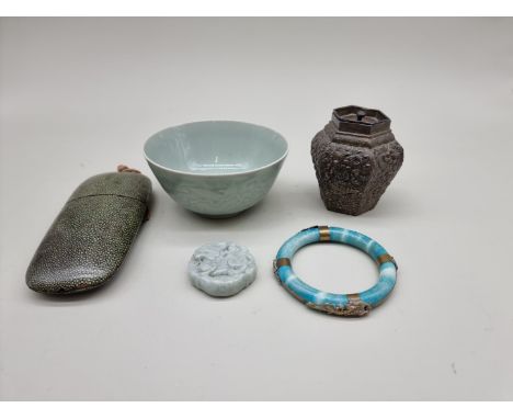 A shagreen spectacle case and cover together&nbsp;with Chinese jade and other items. (5) 