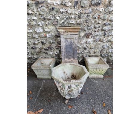 An old composition stone sundial, total height 92cm; and a three other garden pots. (4) 