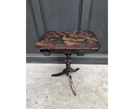 A 19th century black lacquered&nbsp;and gilt chinoiserie rectangular tripod table, 58cm wide.&nbsp; 