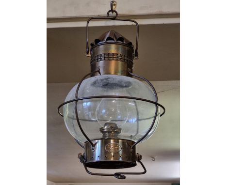 An unusual brass hanging lantern, bearing plaque inscribed 'Davey &amp; Co...', total height 54cm. 