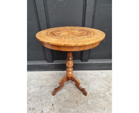 A 19th century walnut and parquetry circular tripod table, 61.5cm diameter.&nbsp; 