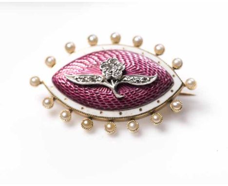 UNUSUAL DIAMOND AND ENAMEL BROOCH
of marquise form, enamelled in pink with a white border, in a surround of split pearls, and