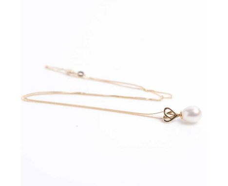 FRESHWATER PEARL PENDANT
the ovoid pearl measuring 9.5 x 8mm, suspended below a pierced heart shaped section, in eighteen car