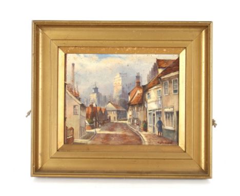 W.S. Pierpoint, study of a street scene with figures going about their business, signed oil on board, 20cm x 24.5cm&nbsp;