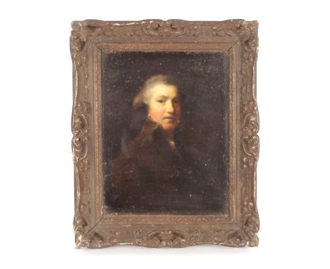 After Reynolds, portrait study of a man in brown coat, unsigned oil on board, inscriptions verso, 27cm x 20cm&nbsp;