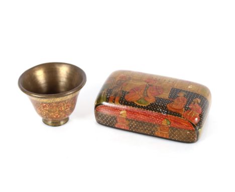 A 19th Century Indian Kashmiri lacquer bowl, 10.5cm dia. and a Mughal papier m&acirc;ch&eacute; oblong box with figural decor