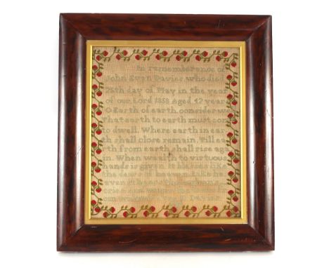 A 19th Century Welsh sampler, In Remembrance of John Evan Davies, worked by M. Davies 1860, contained in a rosewood frame, 51