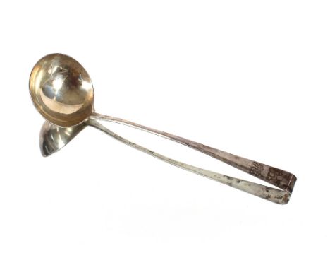 A George III silver soup ladle, with scroll handle decorated monogram and family crest marks indistinct&nbsp;