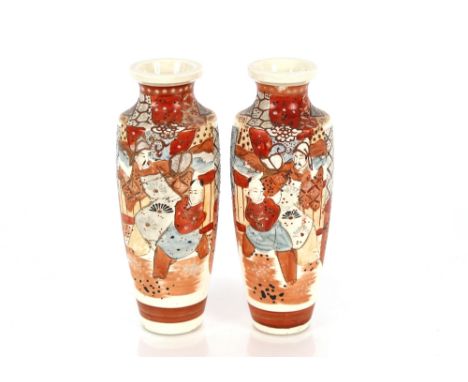 A pair of Japanese baluster Satsuma vases, decorated figures, foliage and scenery on a blue ground, 16cm high; and a larger p
