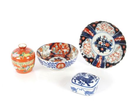 An Imari scallop bordered plate; an Imari bowl; a Chinese covered bowl decorated horses and foliage, with coloured enamel flo