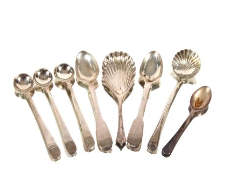 Various Georgian and later silver condiment spoons, a shell shaped caddy spoon etc.