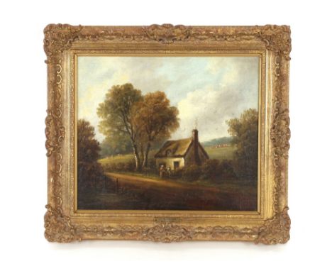 John Moore of Ipswich 1820-1902, study of figures outside a cottage with cattle and field beyond, oil on canvas, 30cm x 34.5c