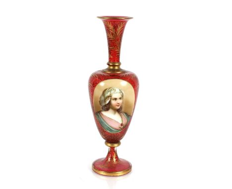 A 19th Century ruby overlaid glass baluster vase, decorated with a portrait panel of a young maiden, heightened in gilt, 34cm