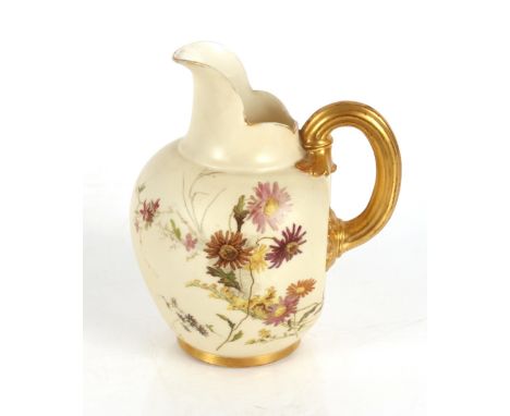 A Royal Worcester baluster jug, having floral spray decoration on an ivory ground, gilded handle and base, 16.5cm high