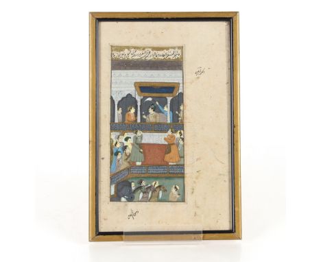 A fine pair of 19th Century Indian miniatures, one depicting figures at court; and another of a dancing girl with attendants&