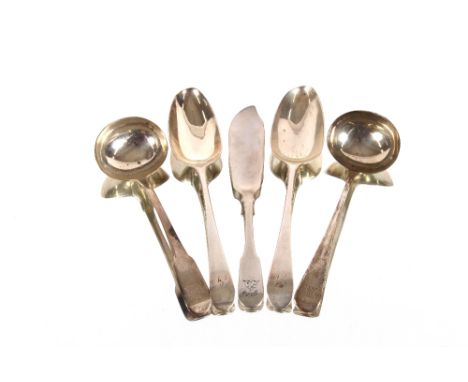 A George III silver sauce ladle, London 1806; a later similar; two 18th Century silver table spoons, (marks indistinct) and a