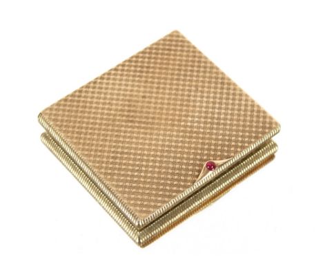 A 9ct gold Asprey cigarette case, 1960's,&nbsp; with engine turned decoration, the clasp with ruby coloured cabochon stone, 1