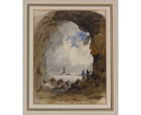 19th Century school, study of figures in a rocky archway looking out to sea, indistinctly signed watercolour, 14.5cm x 10.5cm