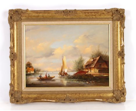 R. Henkelmann, study of a Dutch canal scene with figures sailing and punting, 30cm x 42cm&nbsp;