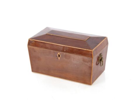 A 19th Century mahogany and box wood strung sarcophagus shaped two compartment tea caddy, 22cm wide&nbsp;
