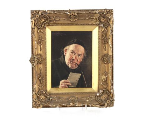 A coloured portrait print of a monk in decorative gilt frame; and another of a young boy